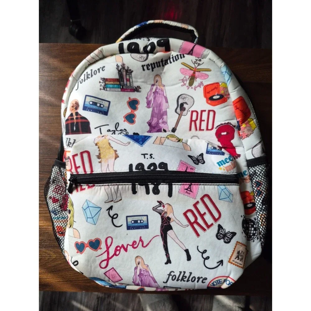 Taylor Swift Eras Tour Collage Backpack White Red 1989 Lover Swiftie School Bag